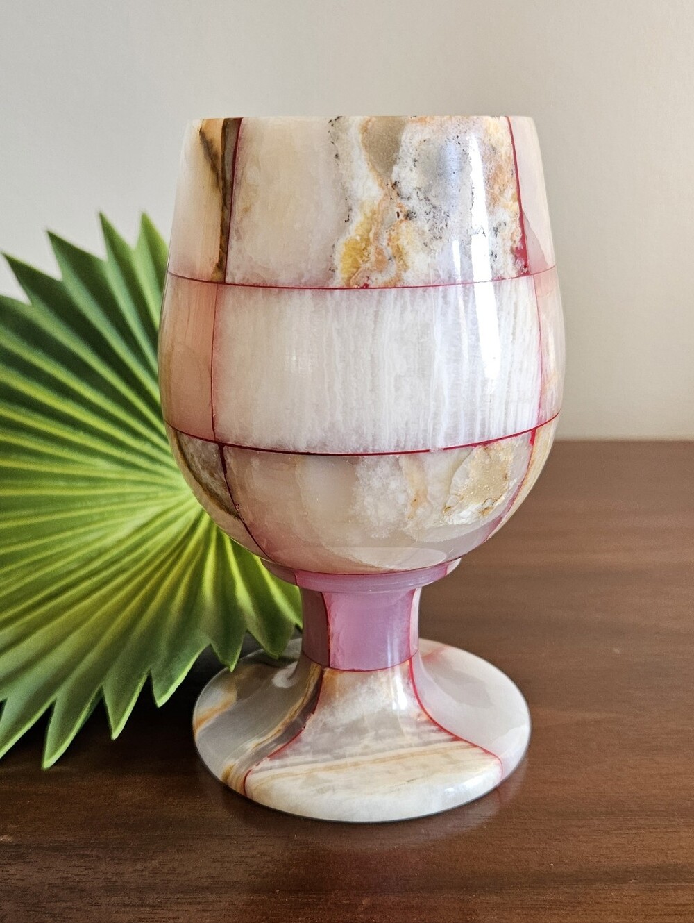Vintage Pink Onyx Patchwork Goblet Chalice Pedestal Cup 5.5”